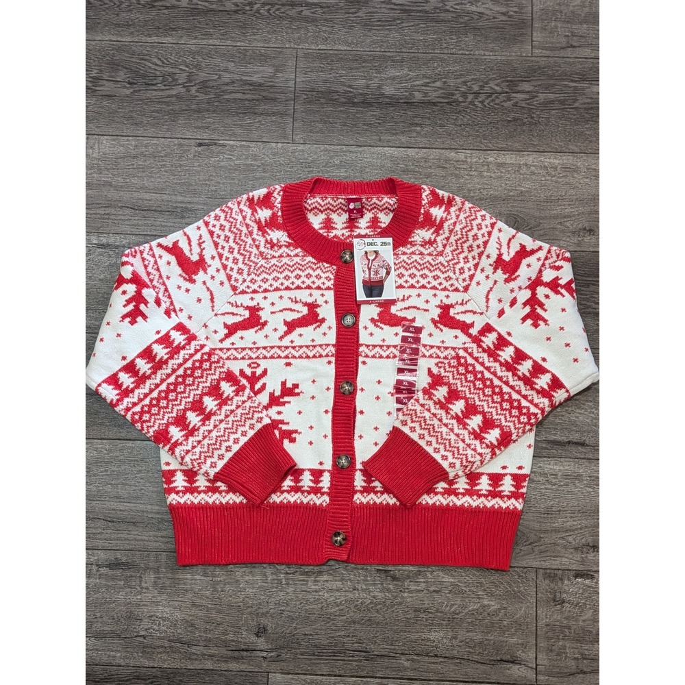 Dec. 25th Red White Fair Isle Reindeer Christmas Cardigan Sweater Womens XL NWT